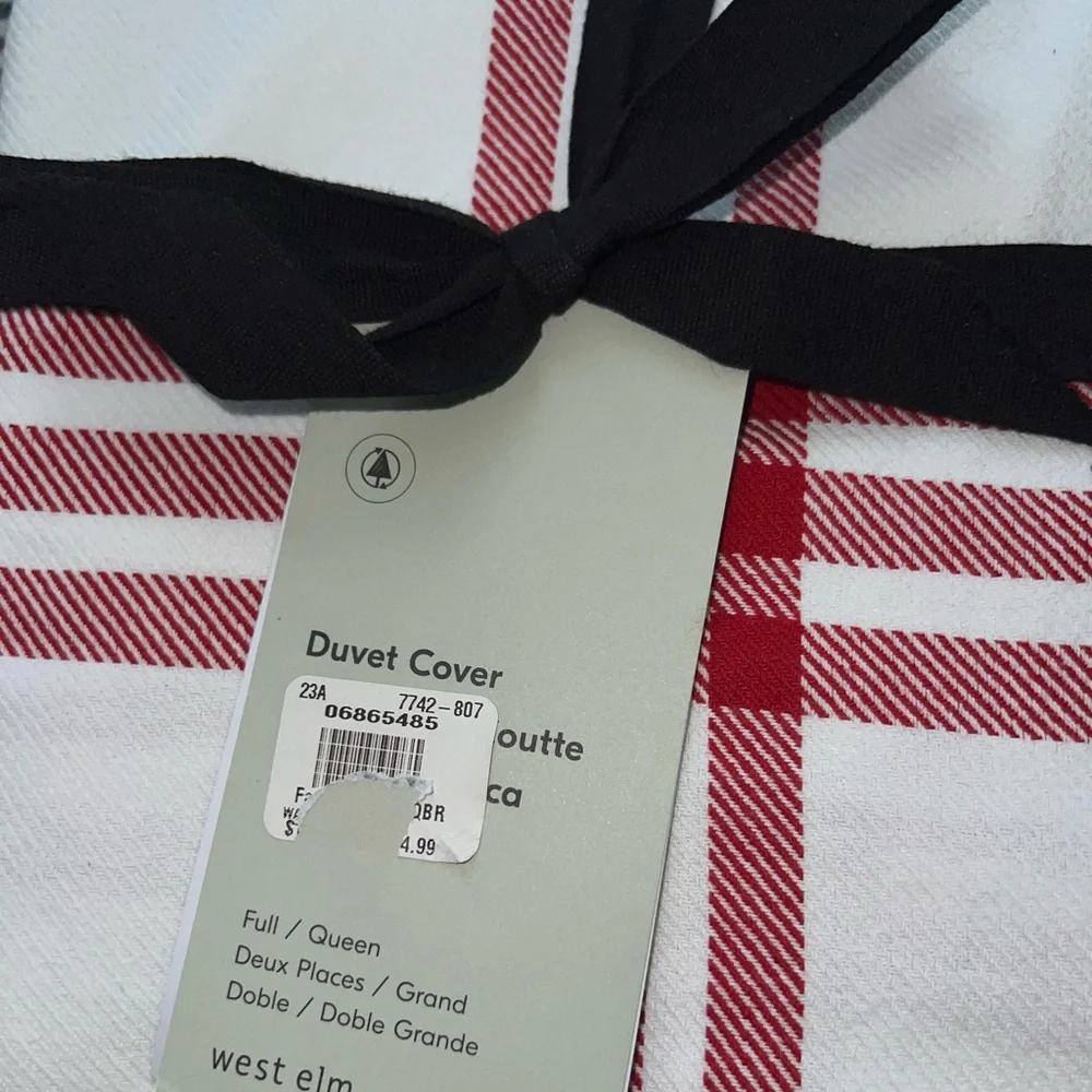 NWT West Elm Farmhouse Cottage Plaid Red White Queen Duvet Cover